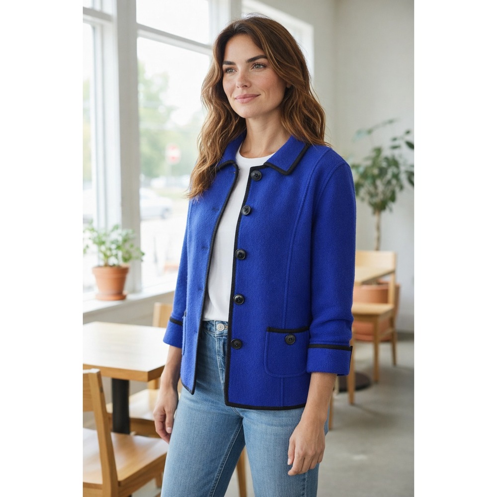 Vtg Laura Ashley 100% Wool Jacket Royal Blue & Black Trim Sz M - Office Core Y2K